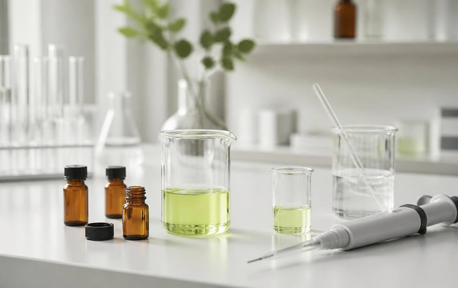 Laboratory glassware and amber vials on a clean bench